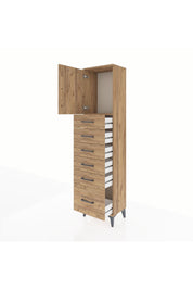 Arges Dolap Tek Raflı 6 Çekmeceli Tek Kapaklı 44x30x182 Çam-Çam