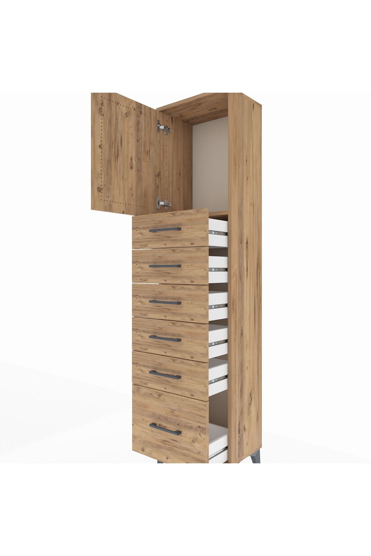 Arges Dolap Tek Raflı 6 Çekmeceli Tek Kapaklı 44x30x182 Çam-Çam