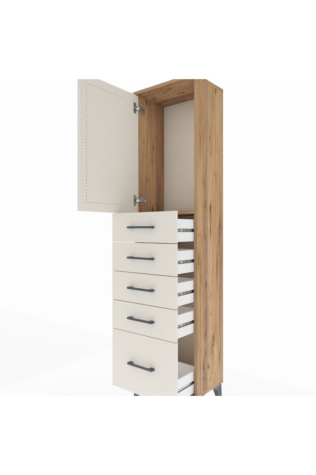 Arges Dolap Tek Raflı 5 Çekmeceli Tek Kapaklı 44x30x182 Çam-Aytaşı