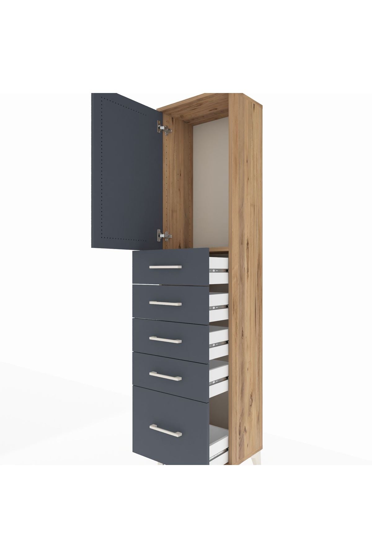 Arges Dolap Tek Raflı 5 Çekmeceli Tek Kapaklı 44x30x182 Çam-Antrasit