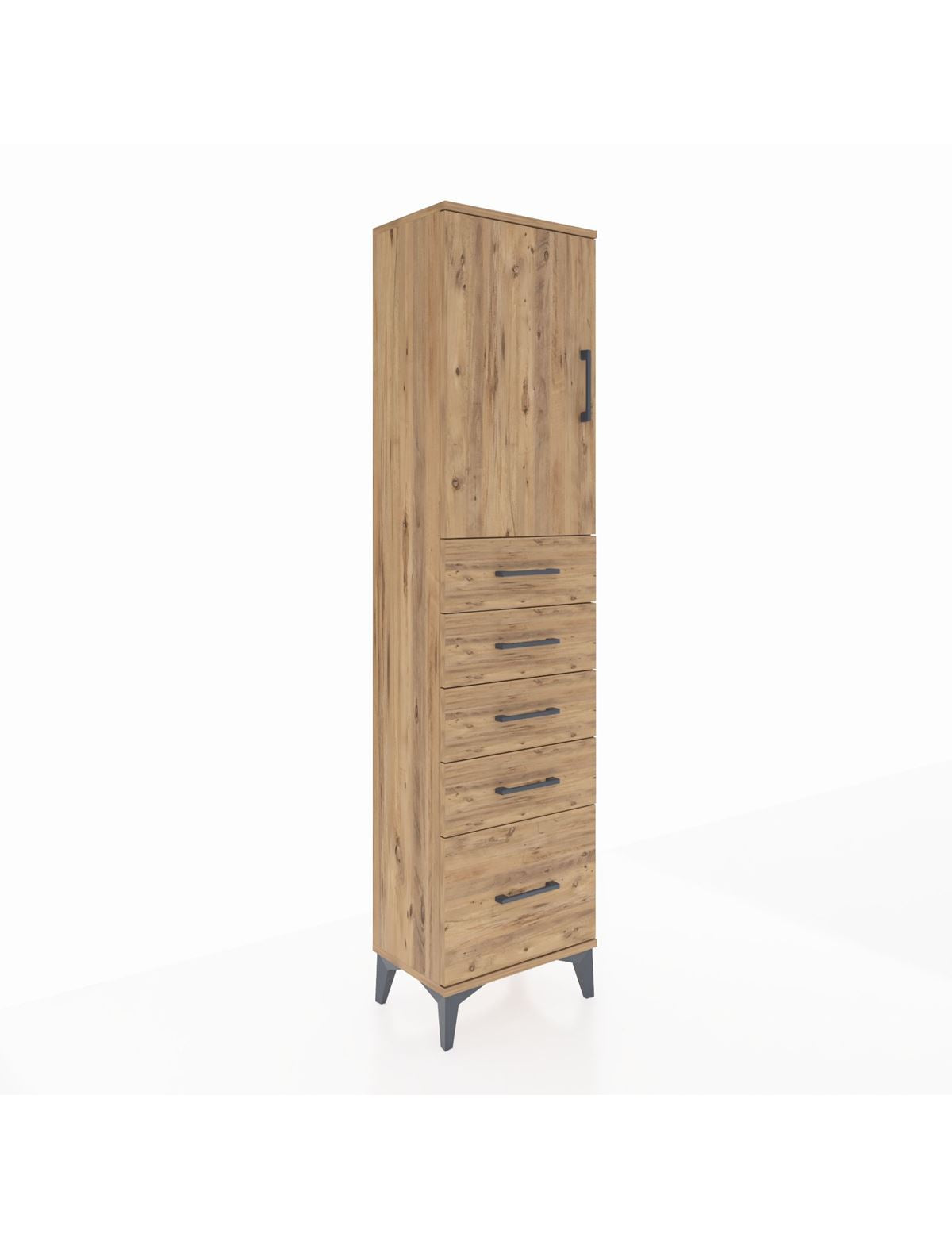 Arges Dolap Tek Raflı 5 Çekmeceli Tek Kapaklı 44x30x182 Çam-Çam