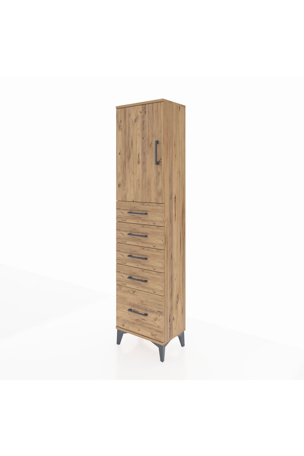 Arges Dolap Tek Raflı 5 Çekmeceli Tek Kapaklı 44x30x182 Çam-Çam