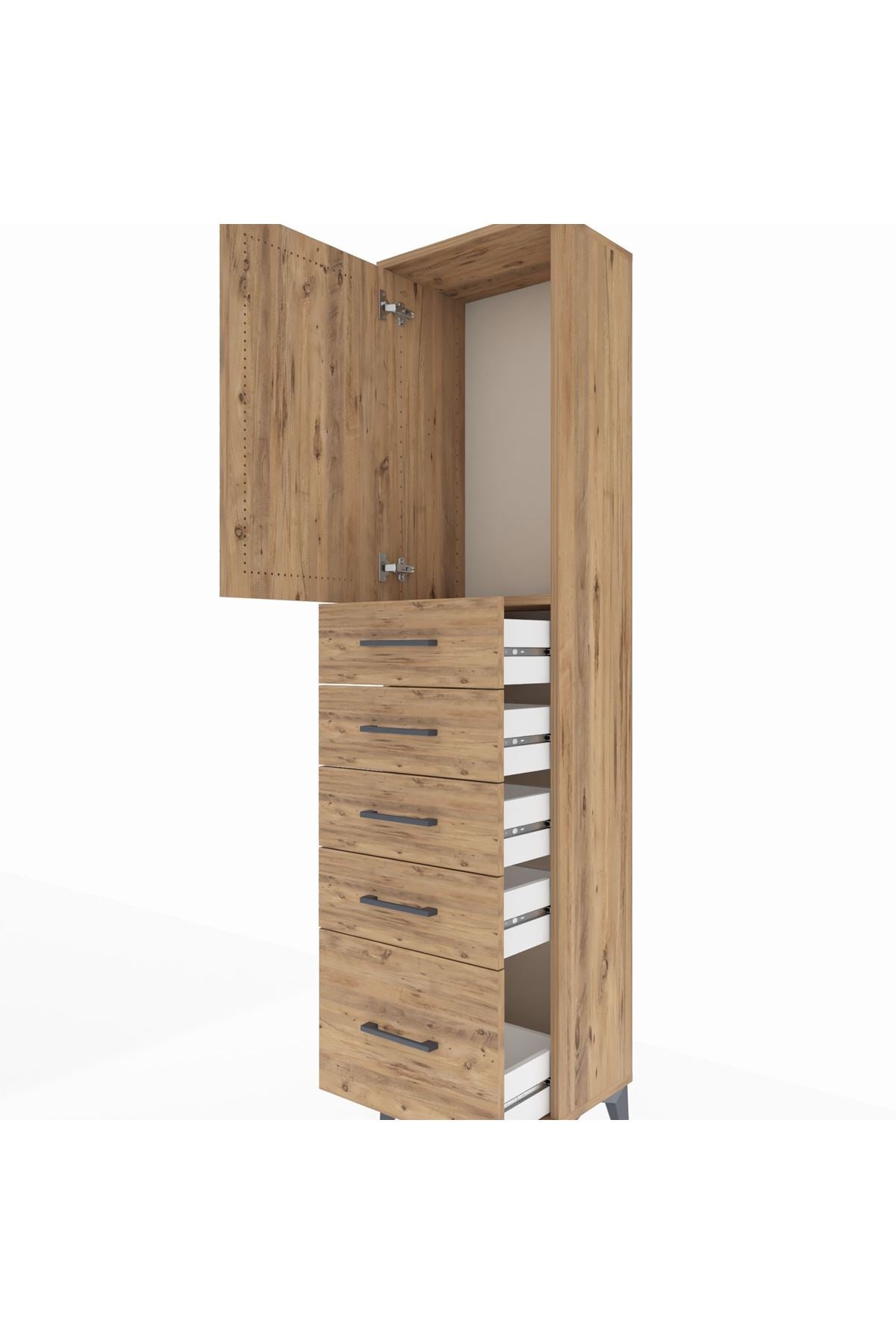 Arges Dolap Tek Raflı 5 Çekmeceli Tek Kapaklı 44x30x182 Çam-Çam