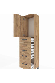 Arges Dolap Tek Raflı 5 Çekmeceli Tek Kapaklı 44x30x182 Çam-Çam