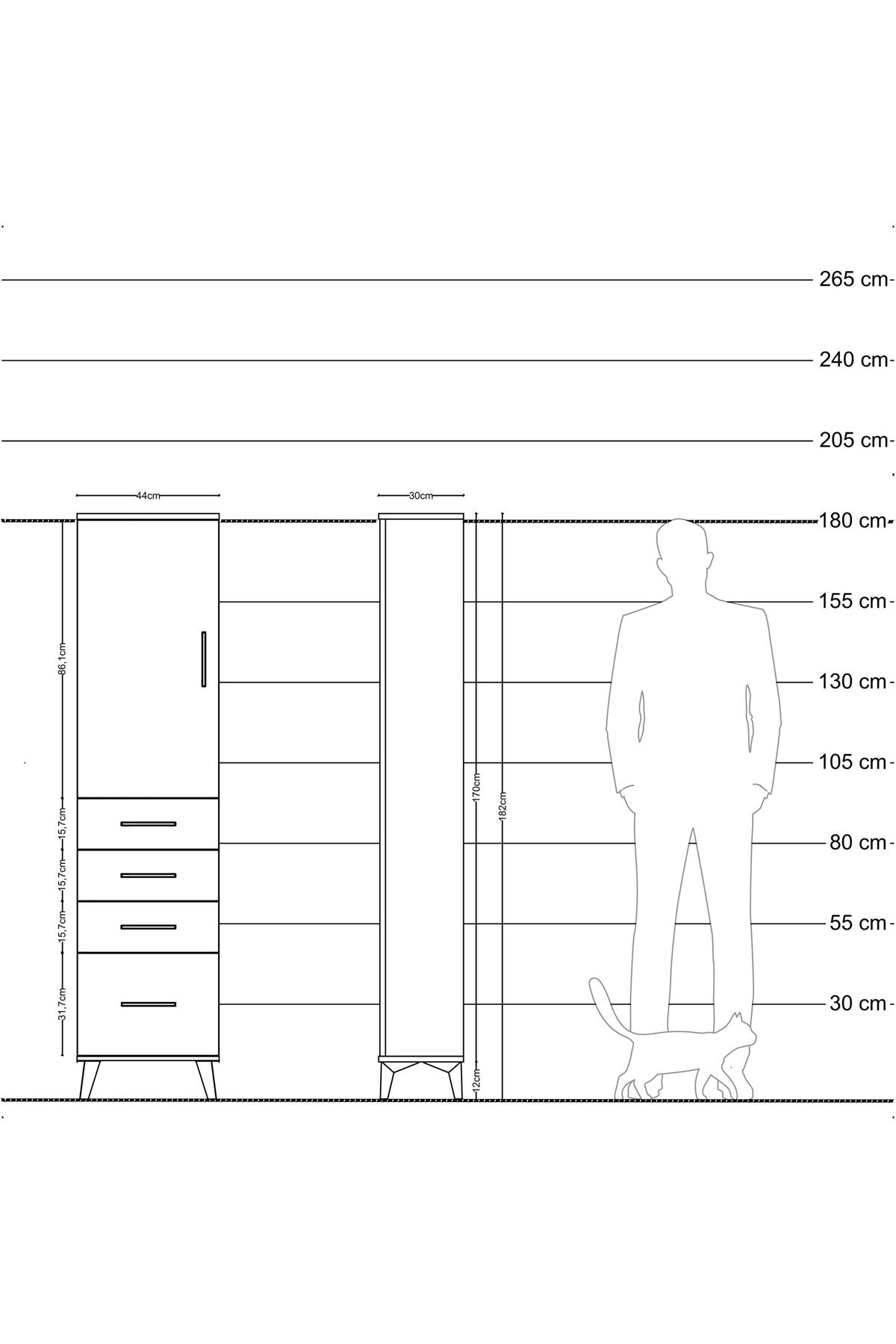 Arges Dolap 2 Raflı 4 Çekmeceli Tek Kapaklı 44x30x182 Çam-Antrasit