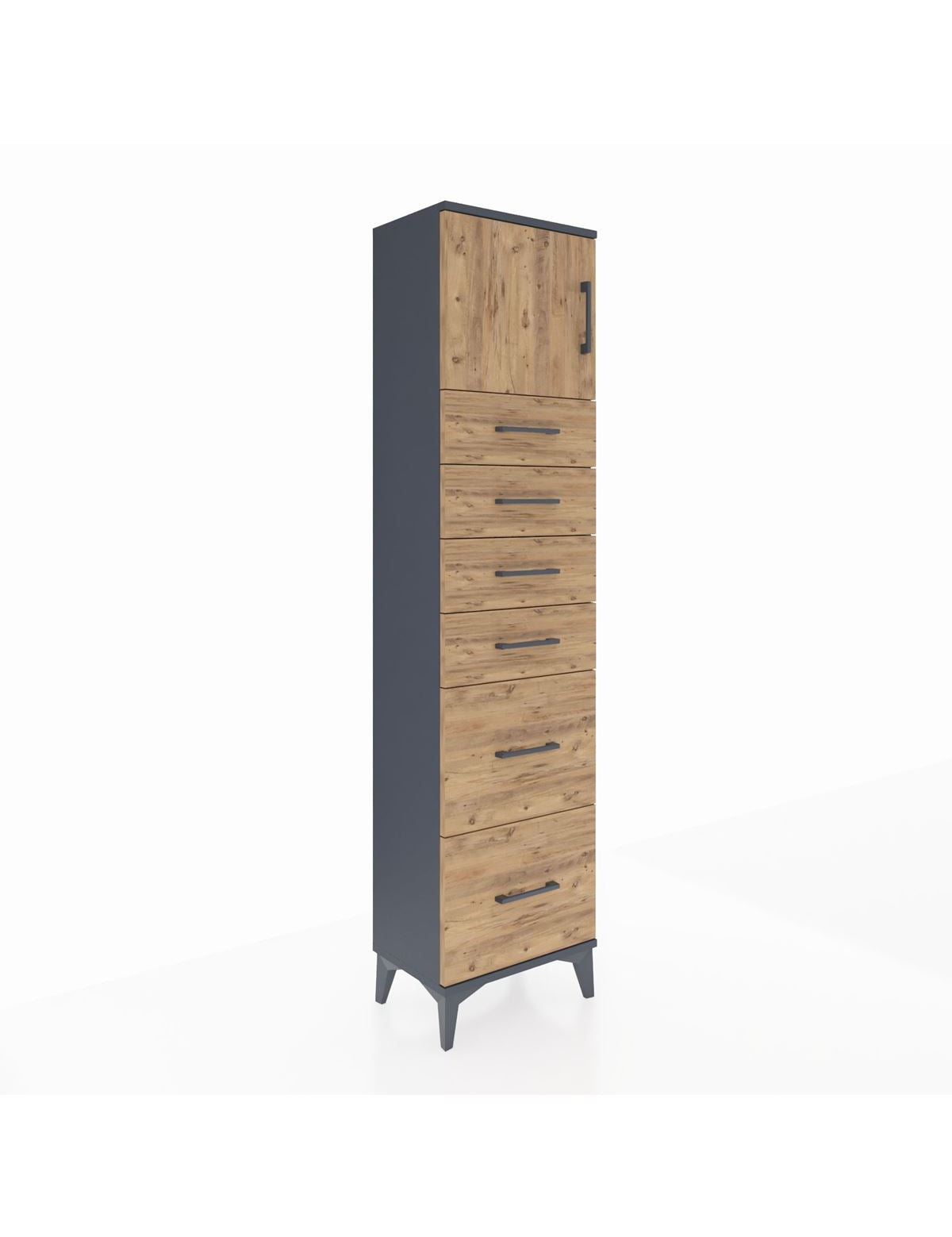 Arges Dolap Tek Raflı 6 Çekmeceli Tek Kapaklı 44x30x182 Antrasit-Çam