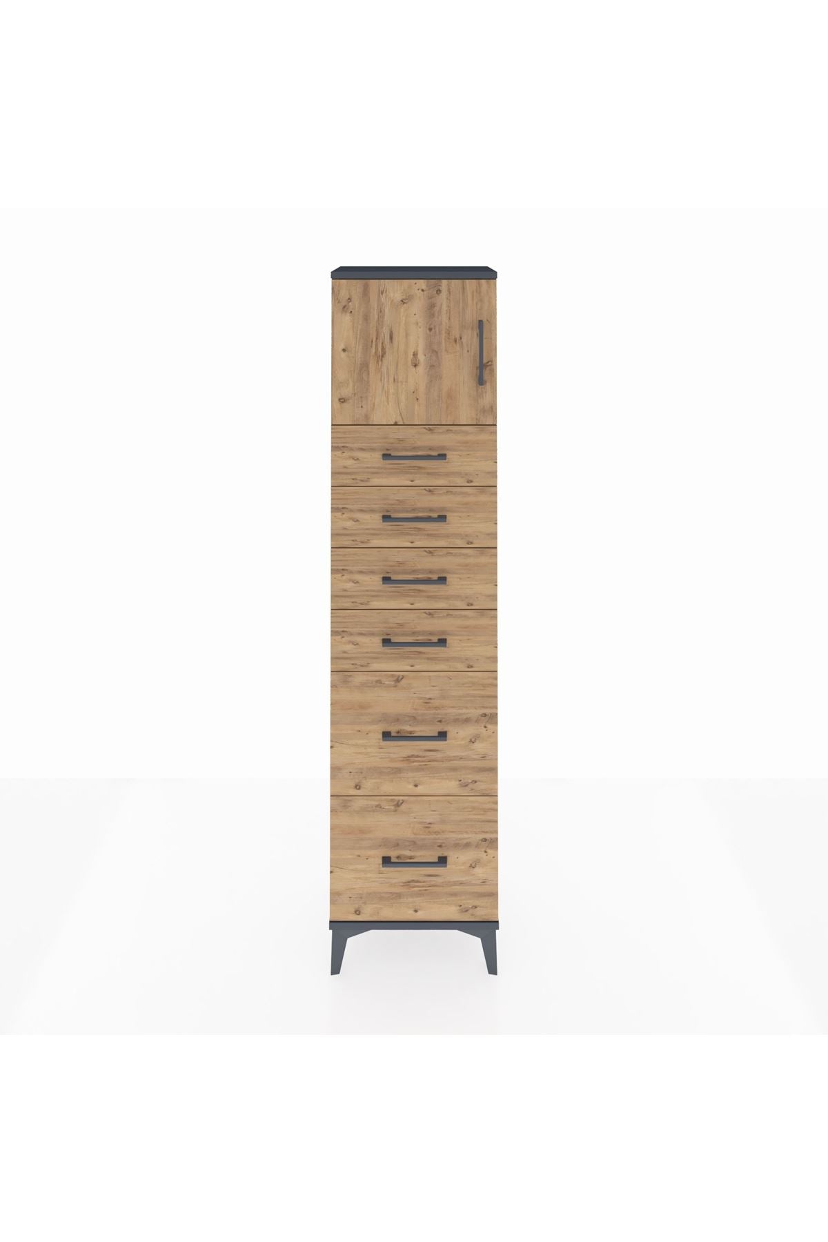 Arges Dolap Tek Raflı 6 Çekmeceli Tek Kapaklı 44x30x182 Antrasit-Çam