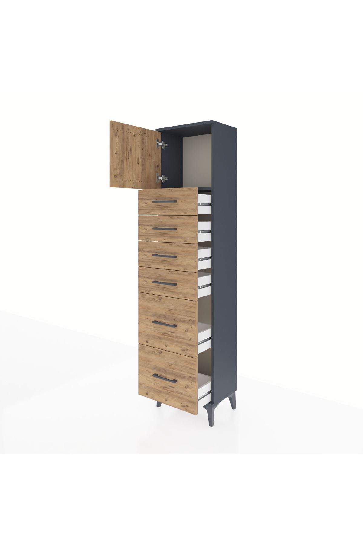 Arges Dolap Tek Raflı 6 Çekmeceli Tek Kapaklı 44x30x182 Antrasit-Çam