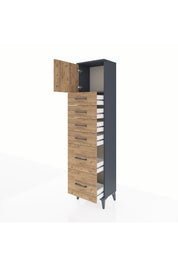 Arges Dolap Tek Raflı 6 Çekmeceli Tek Kapaklı 44x30x182 Antrasit-Çam