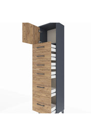 Arges Dolap Tek Raflı 6 Çekmeceli Tek Kapaklı 44x30x182 Antrasit-Çam