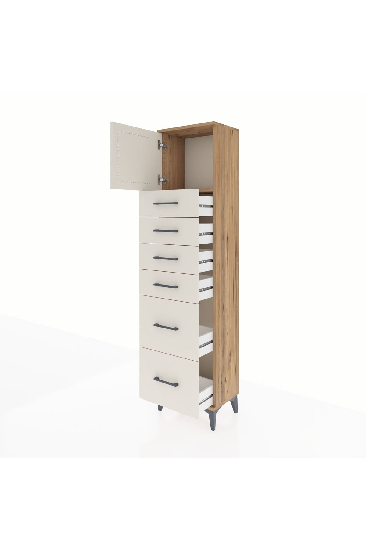 Arges Dolap Tek Raflı 6 Çekmeceli Tek Kapaklı 44x30x182 Çam-Aytaşı