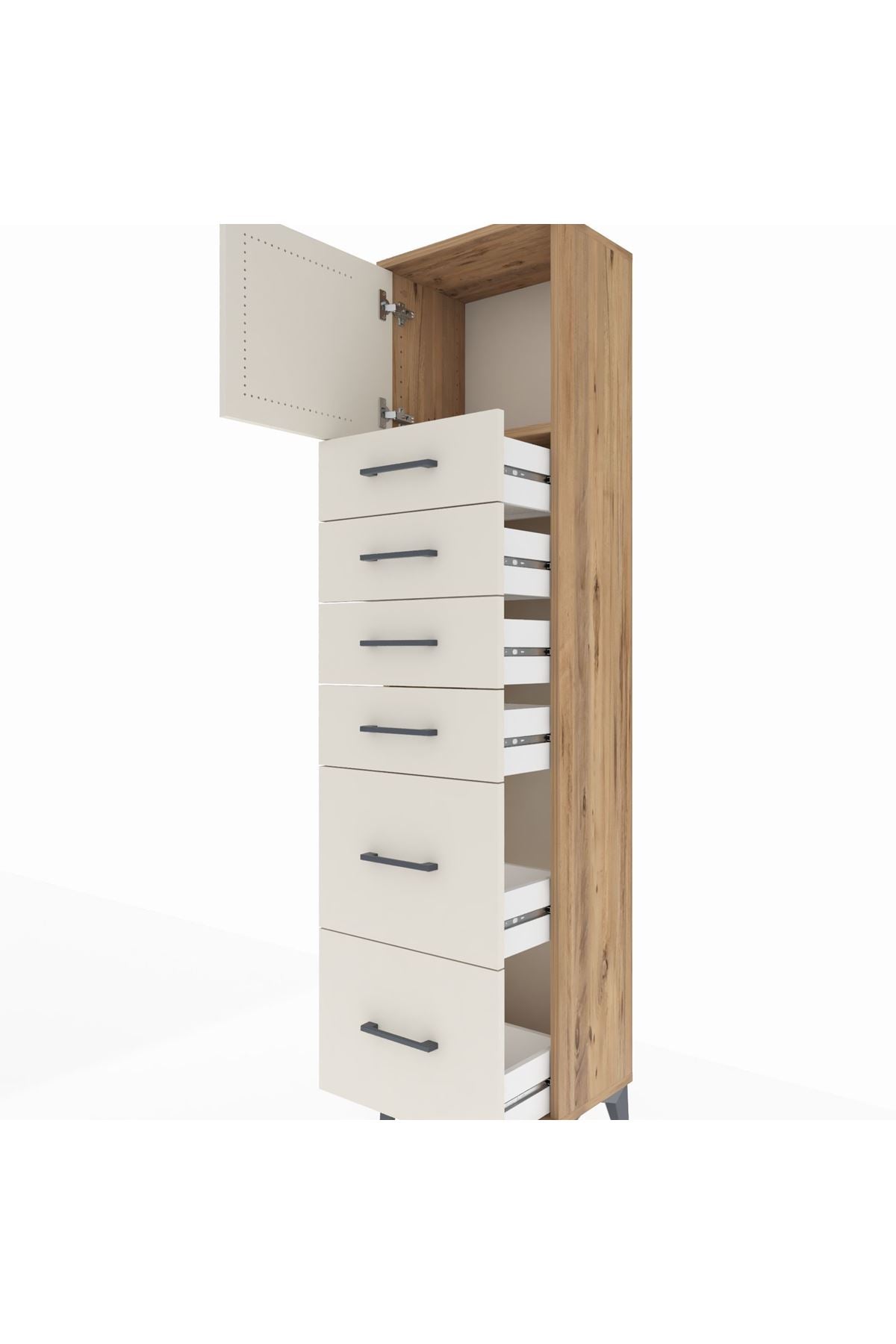 Arges Dolap Tek Raflı 6 Çekmeceli Tek Kapaklı 44x30x182 Çam-Aytaşı