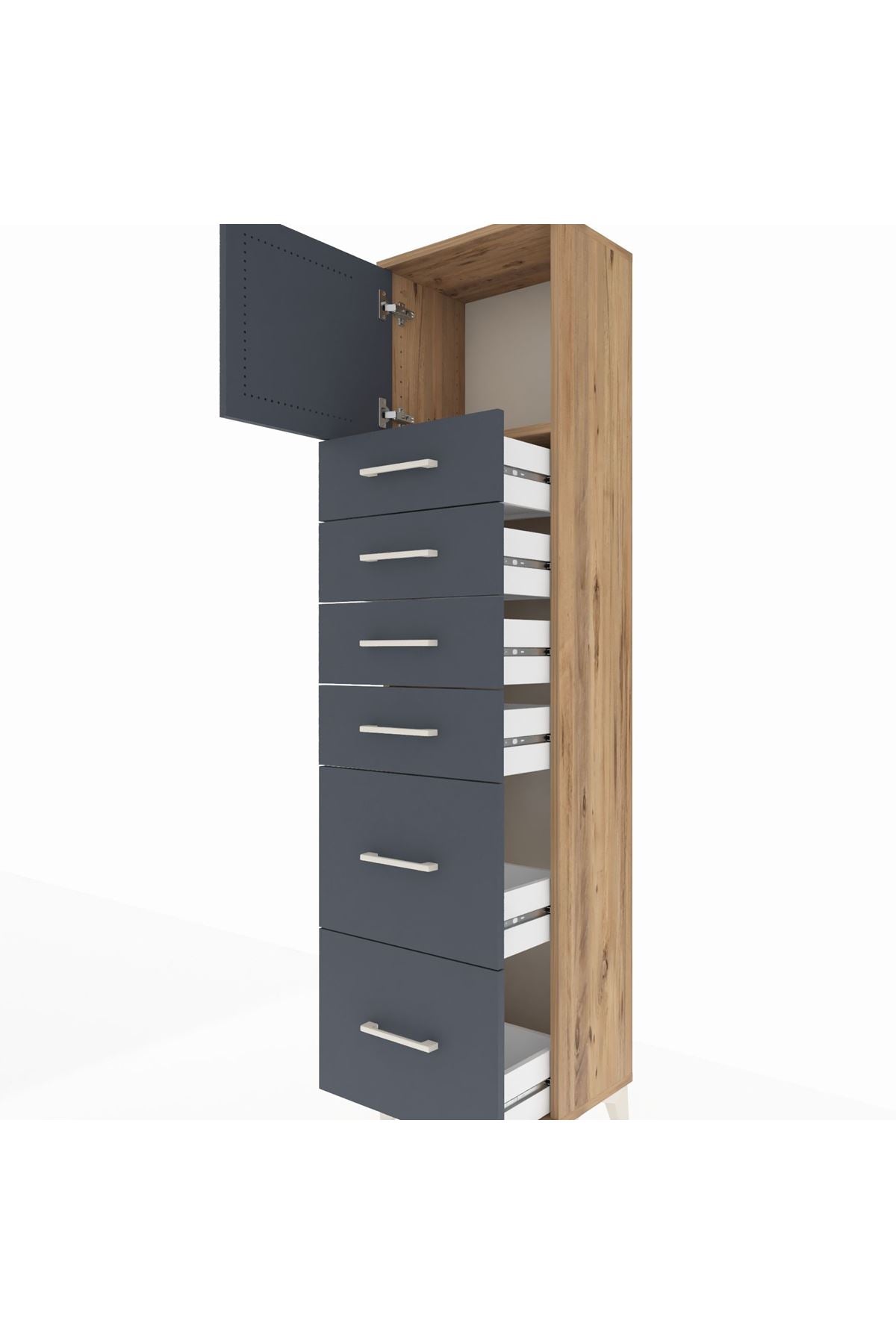 Arges Dolap Tek Raflı 6 Çekmeceli Tek Kapaklı 44x30x182 Çam-Antrasit