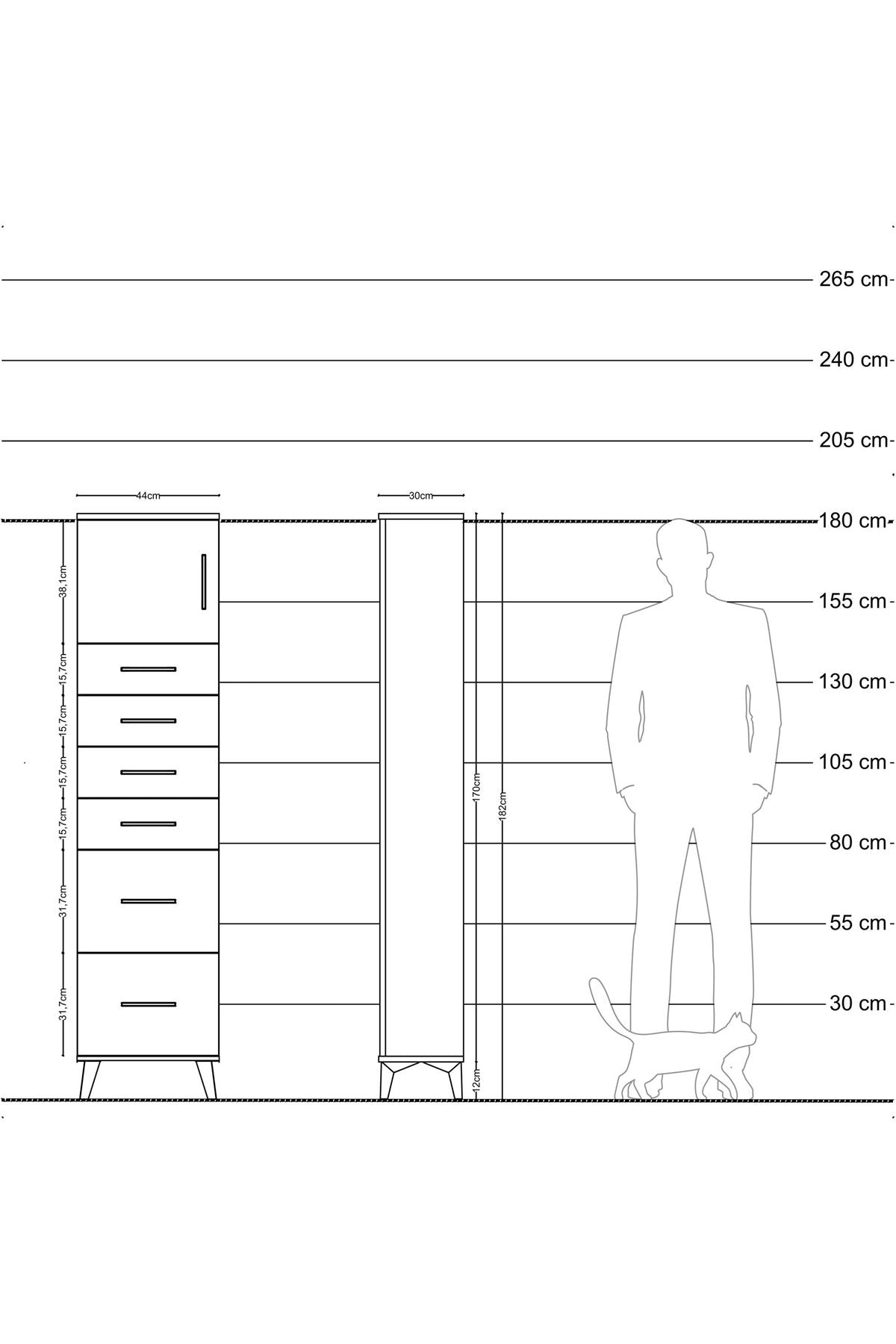 Arges Dolap Tek Raflı 6 Çekmeceli Tek Kapaklı 44x30x182 Çam-Antrasit