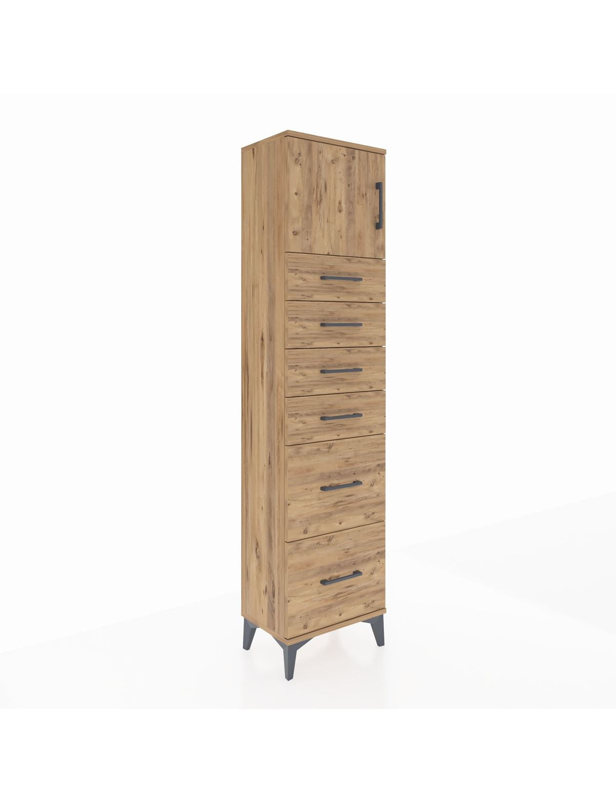 Arges Dolap Tek Raflı 6 Çekmeceli Tek Kapaklı 44x30x182 Çam-Çam