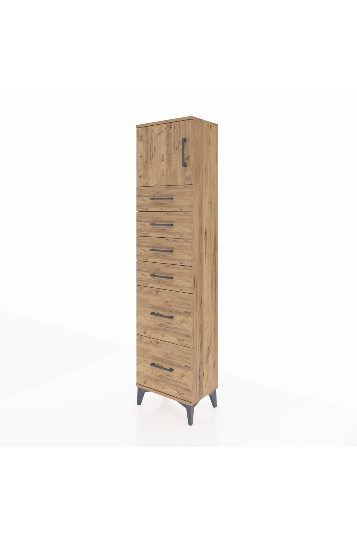 Arges Dolap Tek Raflı 6 Çekmeceli Tek Kapaklı 44x30x182 Çam-Çam