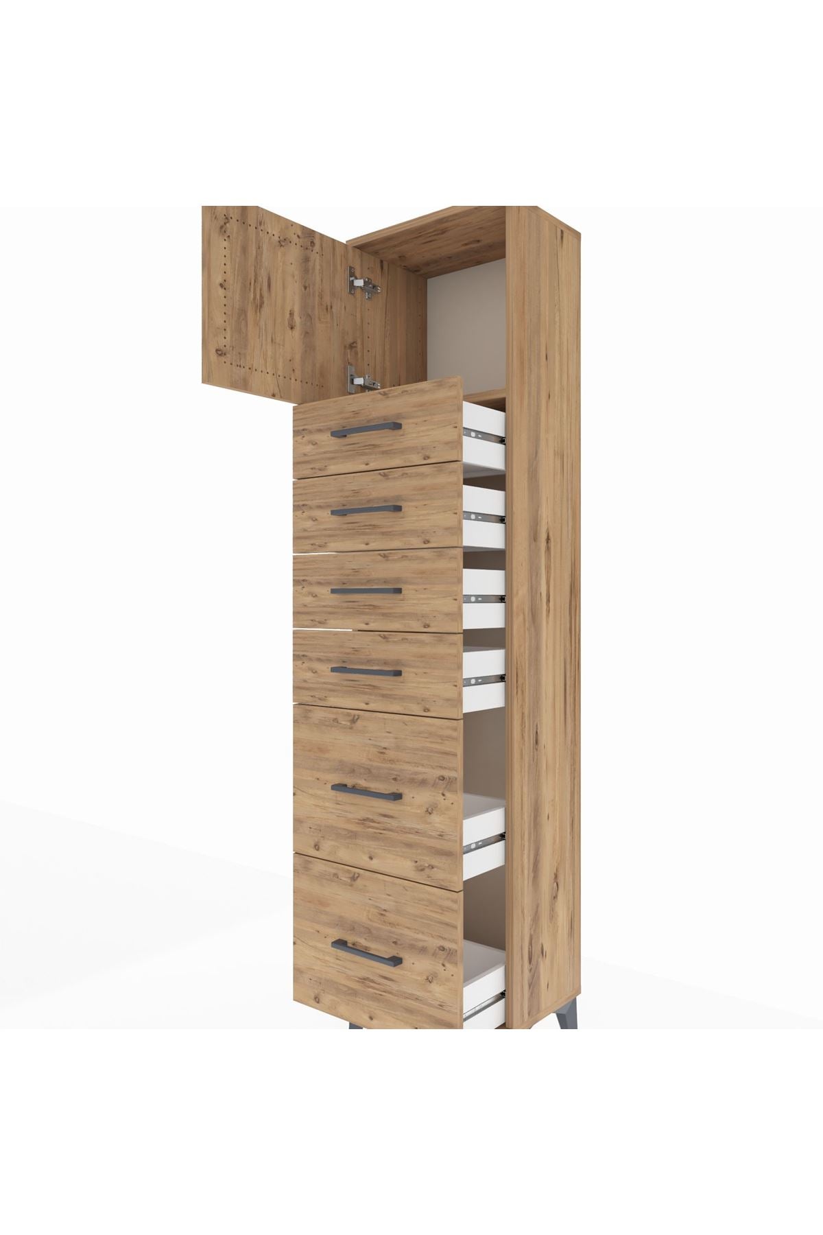 Arges Dolap Tek Raflı 6 Çekmeceli Tek Kapaklı 44x30x182 Çam-Çam