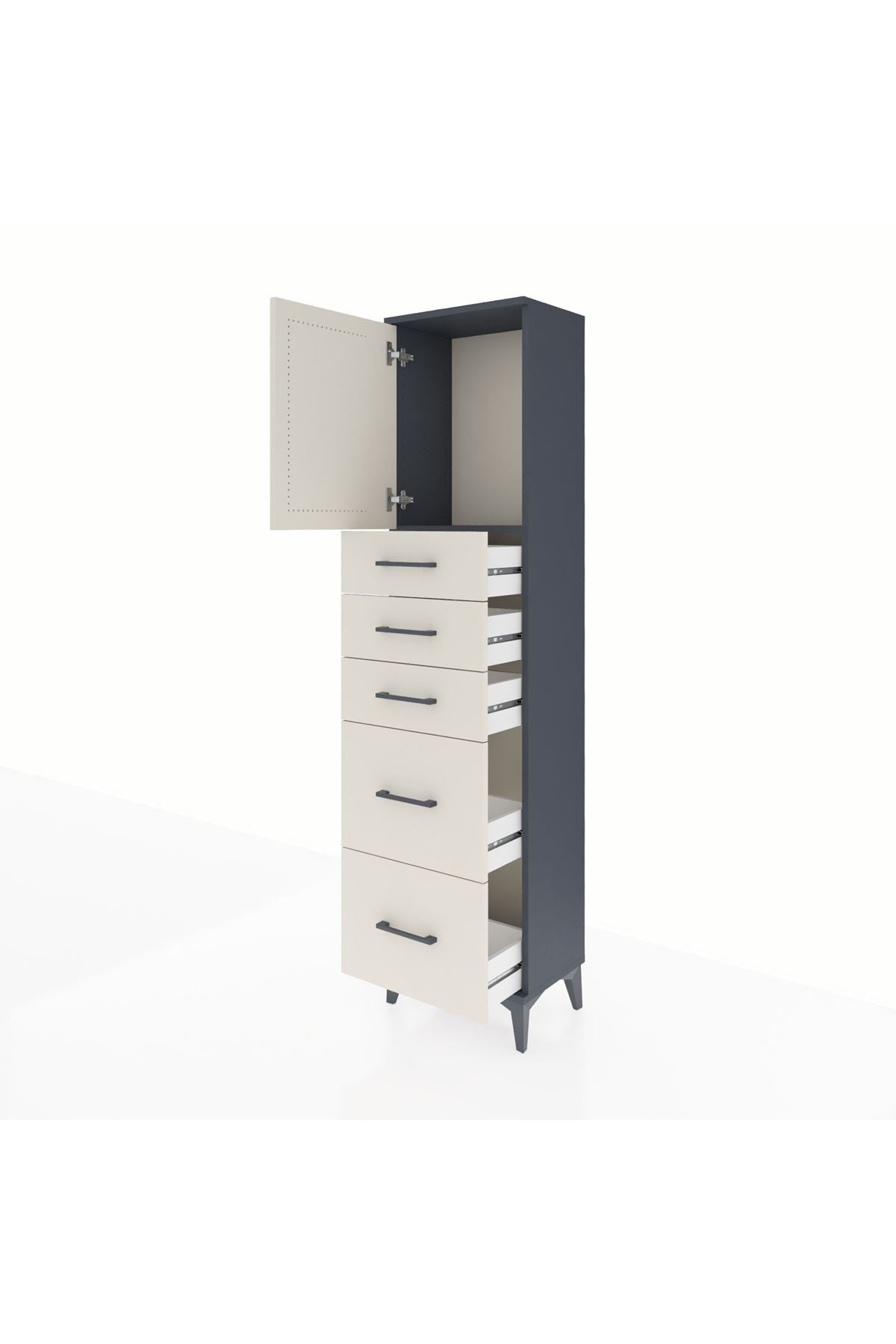 Arges Dolap Tek Raflı 5 Çekmeceli Tek Kapaklı 44x30x182 Antrasit-Aytaşı