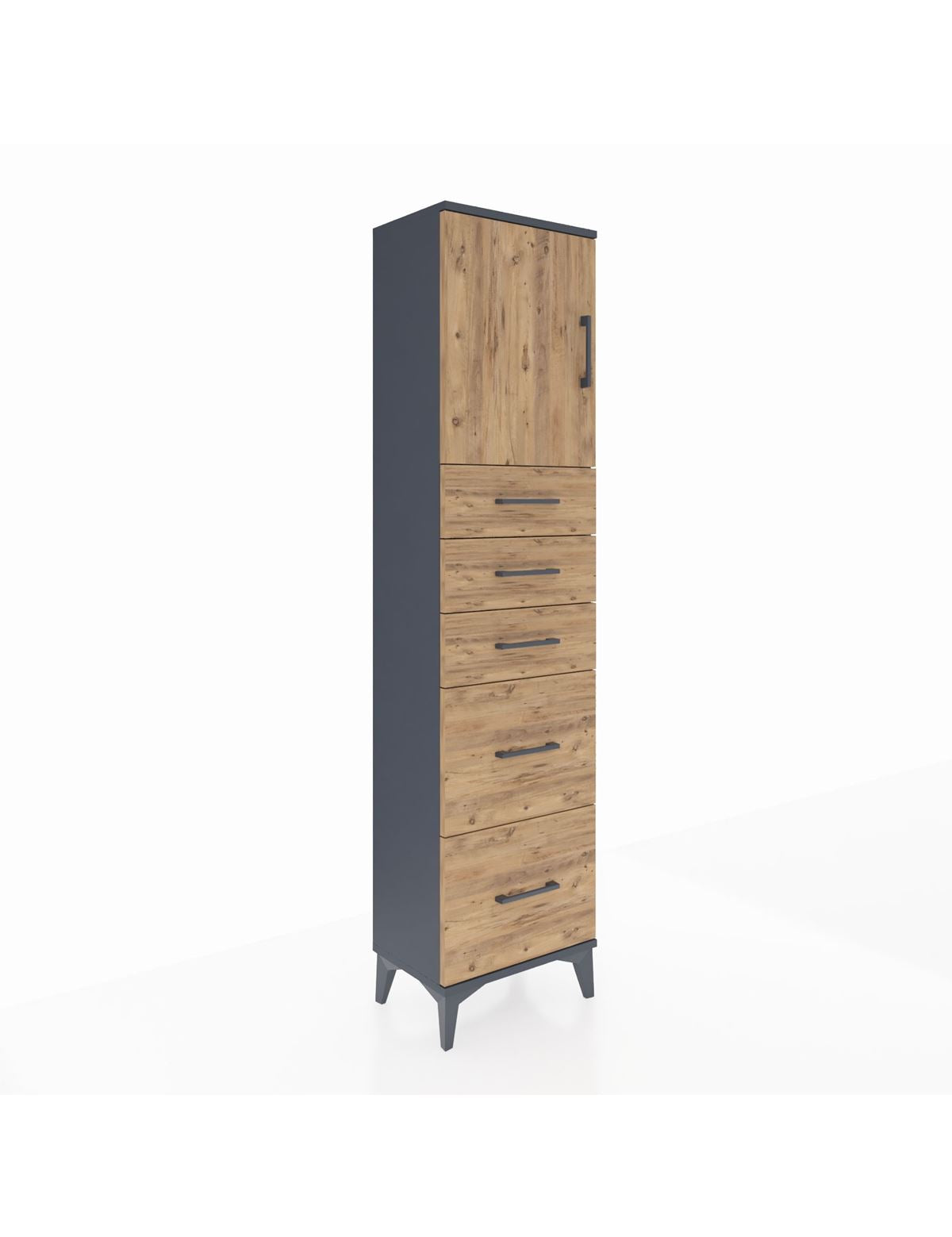 Arges Dolap Tek Raflı 5 Çekmeceli Tek Kapaklı 44x30x182 Antrasit-Çam