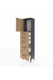 Arges Dolap Tek Raflı 5 Çekmeceli Tek Kapaklı 44x30x182 Antrasit-Çam