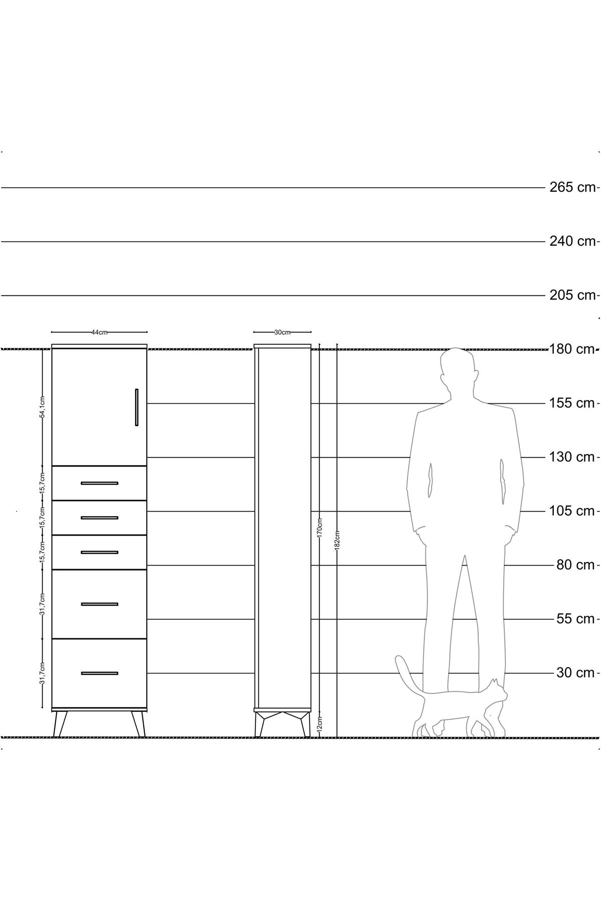 Arges Dolap Tek Raflı 5 Çekmeceli Tek Kapaklı 44x30x182 Çam-Aytaşı