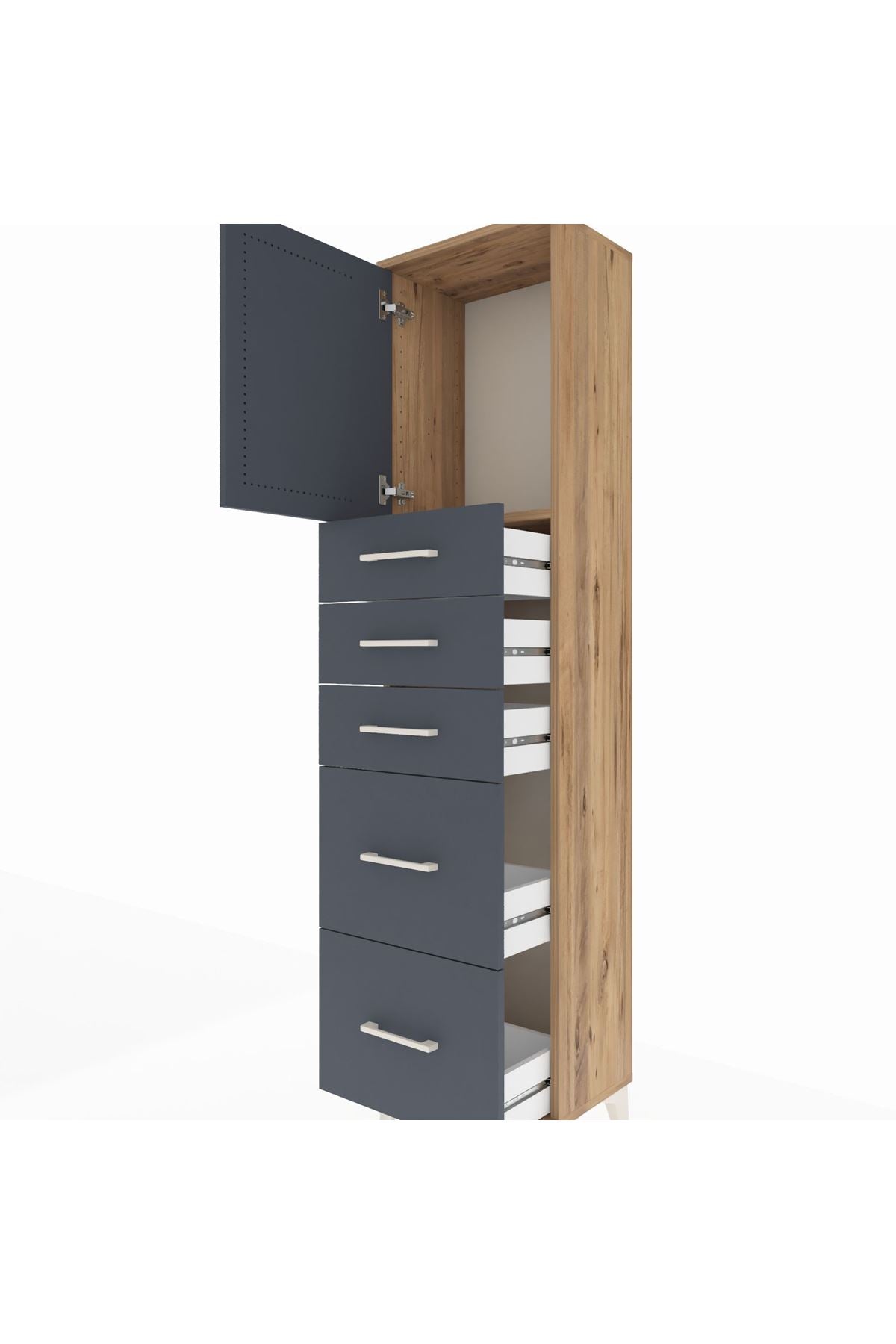 Arges Dolap Tek Raflı 5 Çekmeceli Tek Kapaklı 44x30x182 Çam-Antrasit