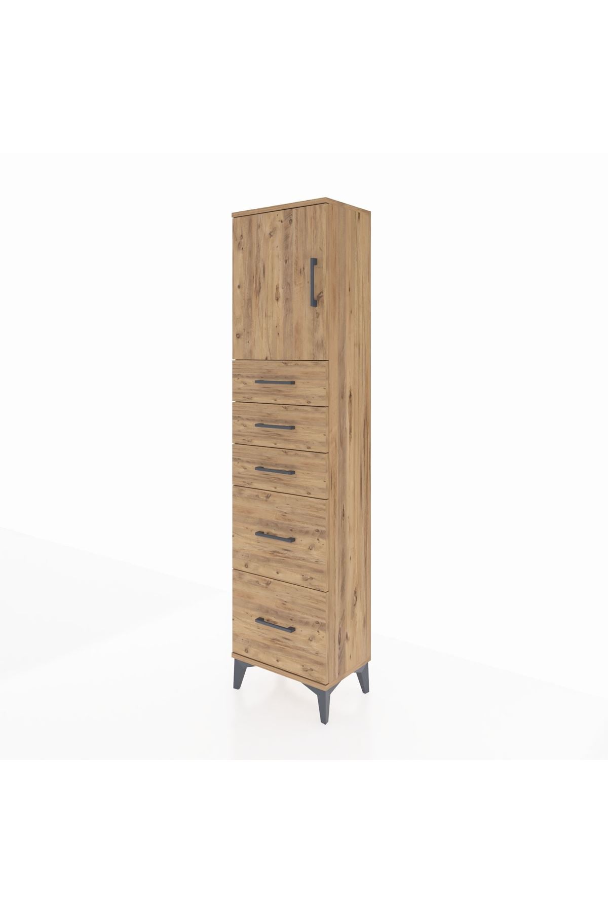 Arges Dolap Tek Raflı 5 Çekmeceli Tek Kapaklı 44x30x182 Çam-Çam