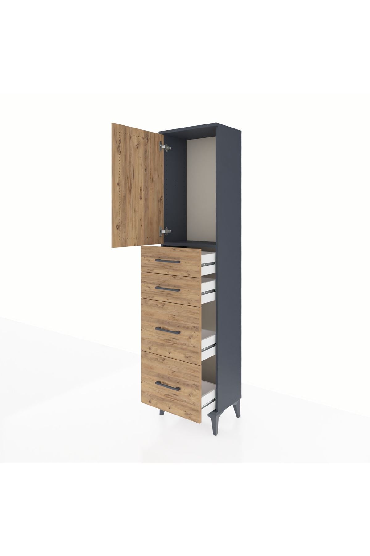 Arges Dolap Tek Raflı 4 Çekmeceli Tek Kapaklı 44x30x182 Antrasit-Çam