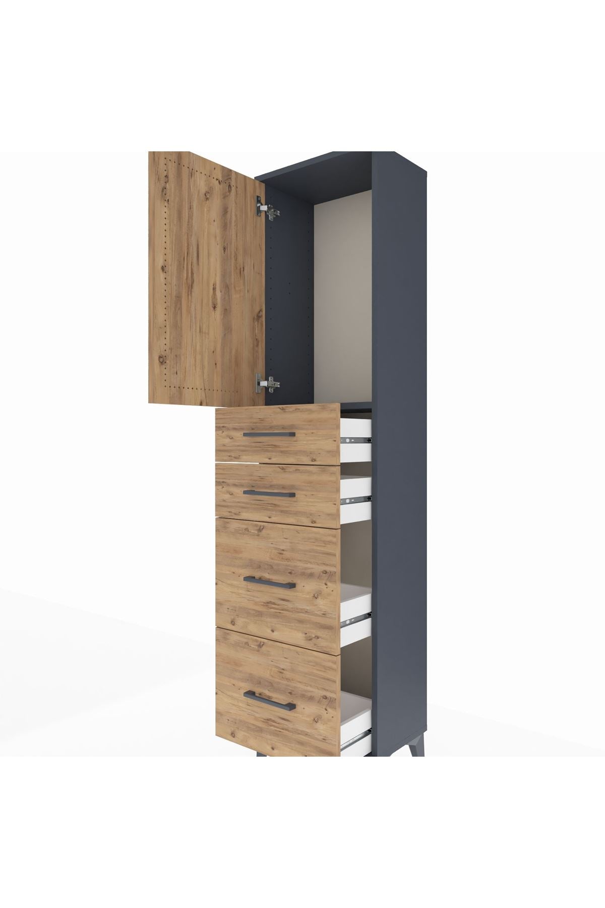 Arges Dolap Tek Raflı 4 Çekmeceli Tek Kapaklı 44x30x182 Antrasit-Çam