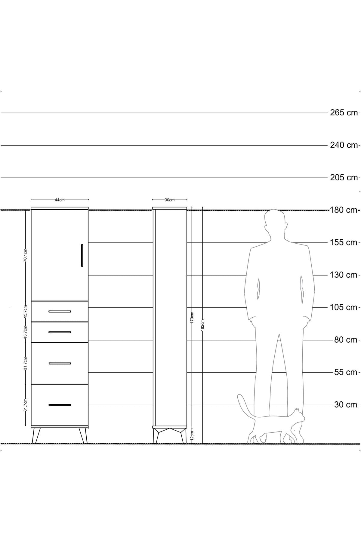 Arges Dolap Tek Raflı 4 Çekmeceli Tek Kapaklı 44x30x182 Çam-Aytaşı