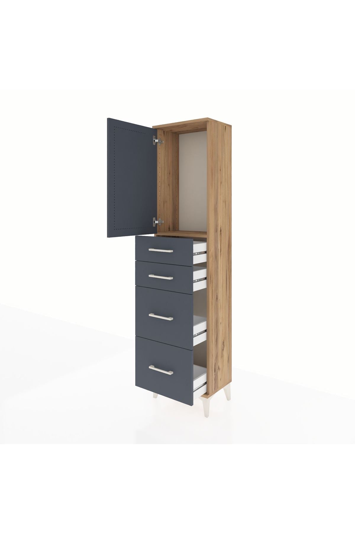 Arges Dolap Tek Raflı 4 Çekmeceli Tek Kapaklı 44x30x182 Çam-Antrasit