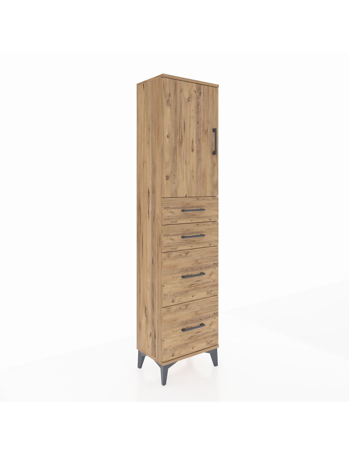 Arges Dolap Tek Raflı 4 Çekmeceli Tek Kapaklı 44x30x182 Çam-Çam