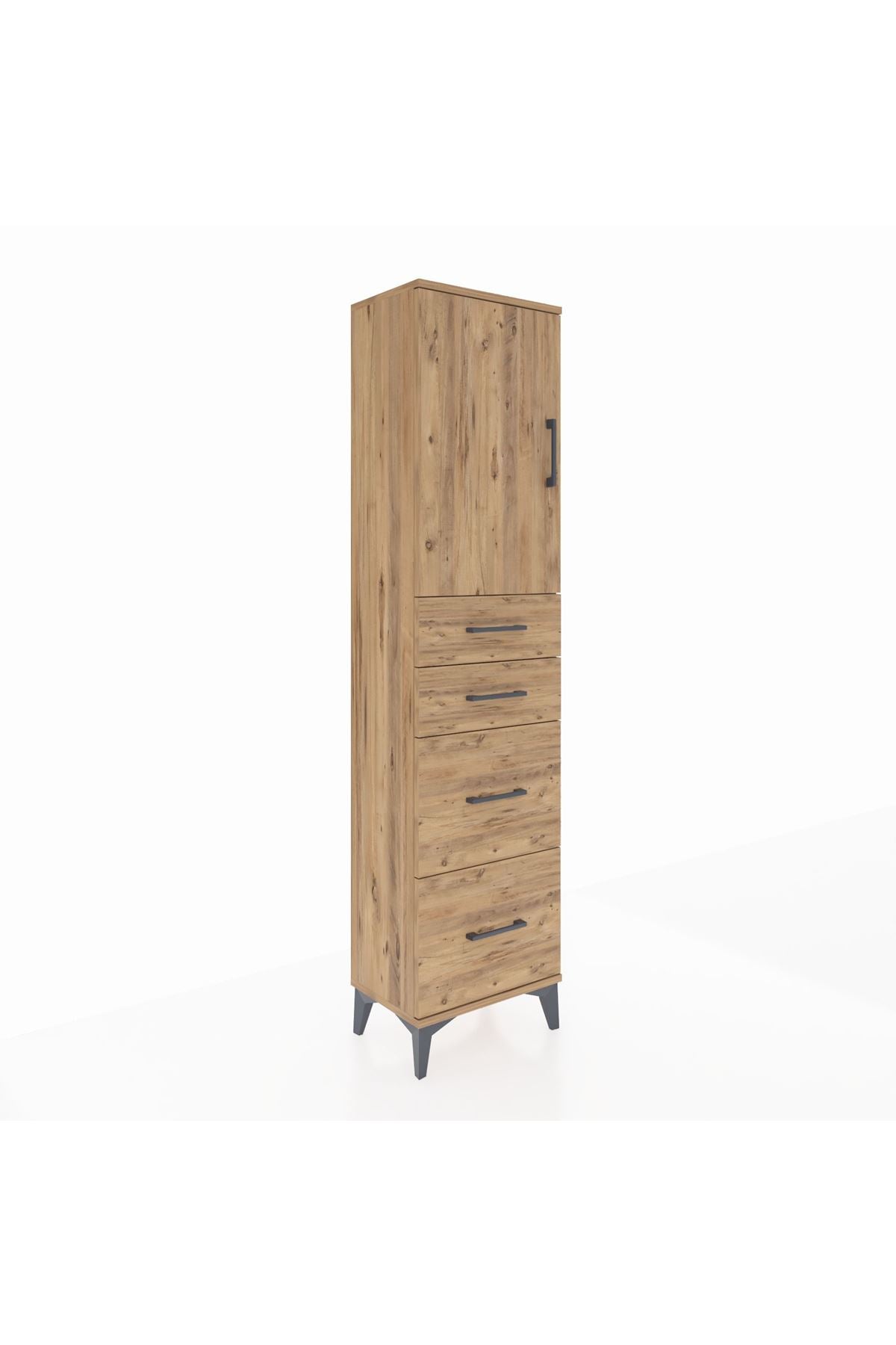 Arges Dolap Tek Raflı 4 Çekmeceli Tek Kapaklı 44x30x182 Çam-Çam