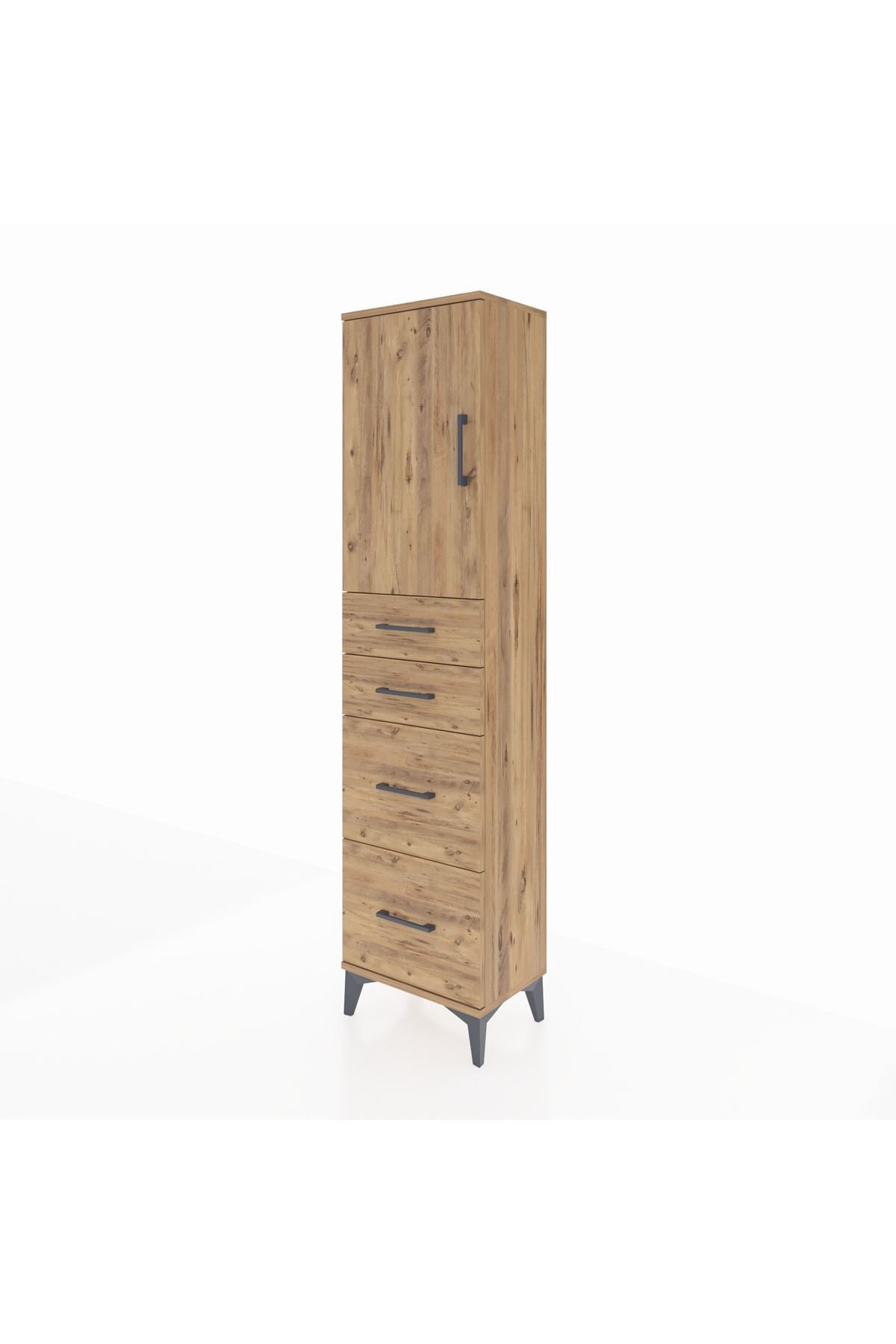 Arges Dolap Tek Raflı 4 Çekmeceli Tek Kapaklı 44x30x182 Çam-Çam