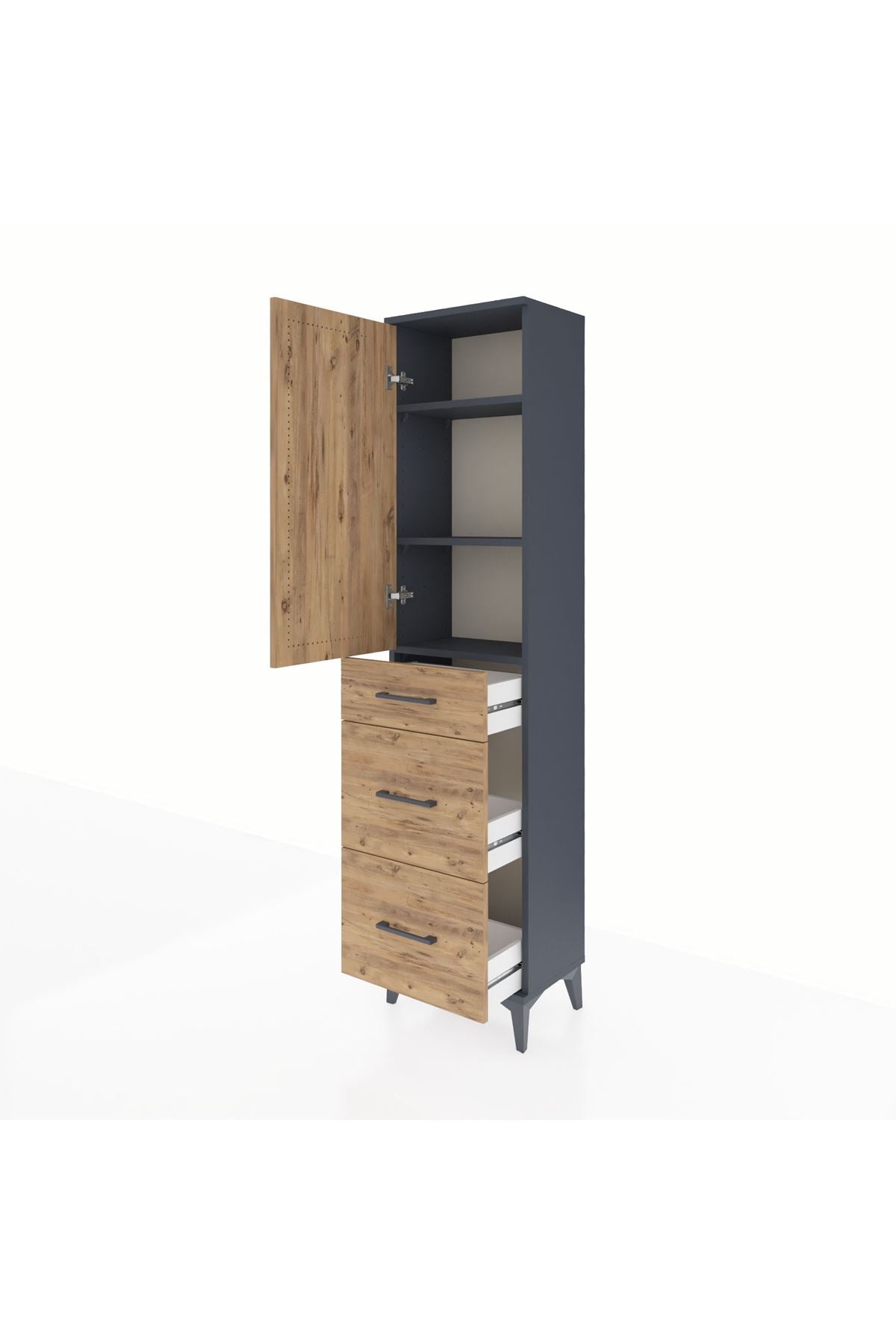 Arges Dolap 3 Raflı 3 Çekmeceli Tek Kapaklı 44x30x182 Antrasit-Çam