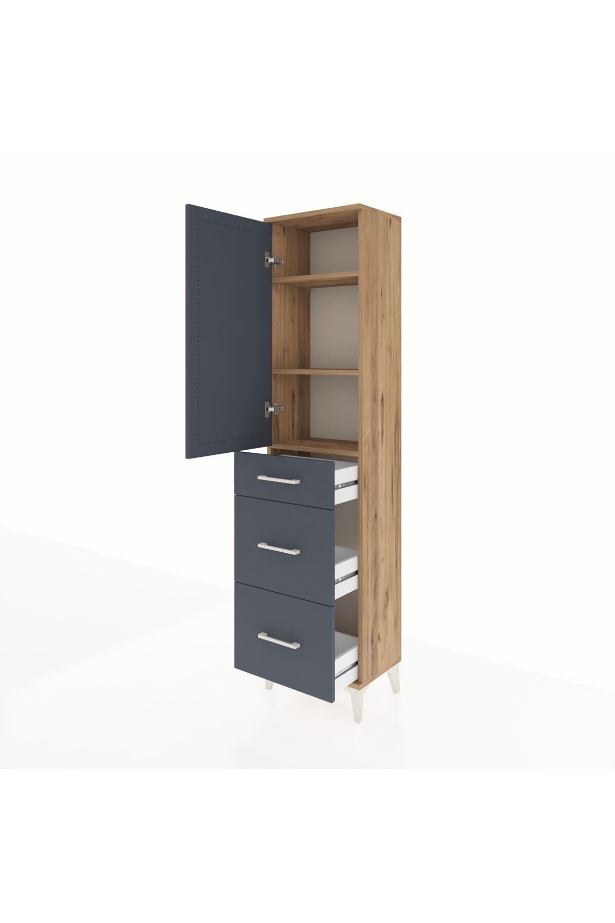 Arges Dolap 3 Raflı 3 Çekmeceli Tek Kapaklı 44x30x182 Çam-Antrasit