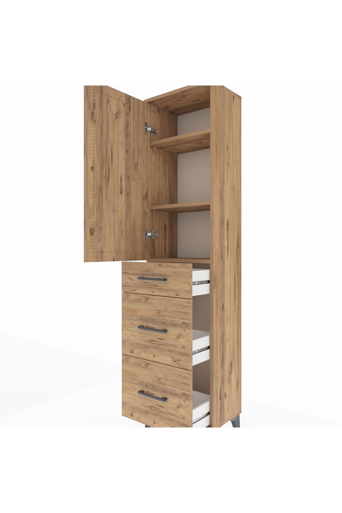 Arges Dolap 3 Raflı 3 Çekmeceli Tek Kapaklı 44x30x182 Çam-Çam