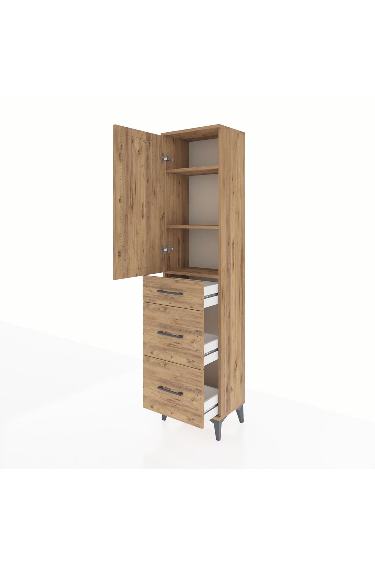 Arges Dolap 3 Raflı 3 Çekmeceli Tek Kapaklı 44x30x182 Çam-Çam