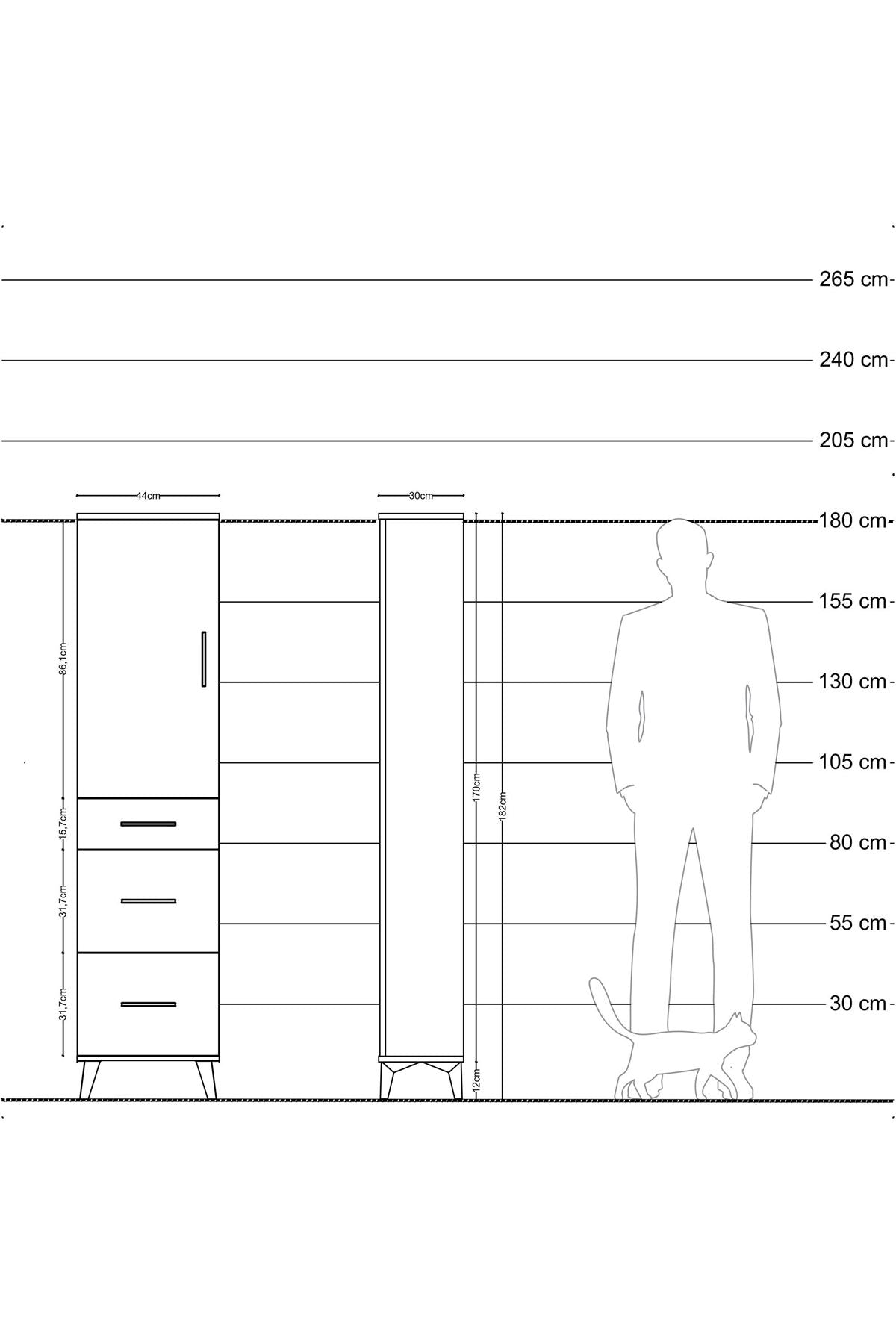 Arges Dolap 3 Raflı 3 Çekmeceli Tek Kapaklı 44x30x182 Çam-Çam
