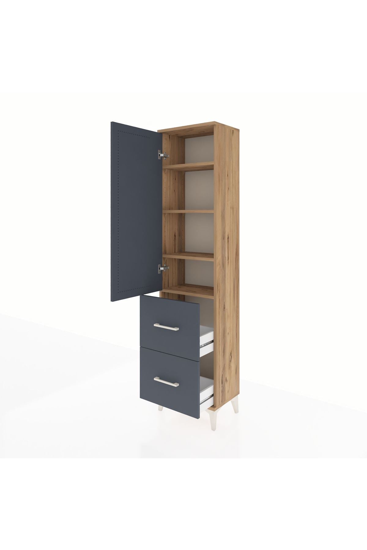 Arges Dolap 4 Raflı 2 Çekmeceli Tek Kapaklı 44x30x182 Çam-Antrasit