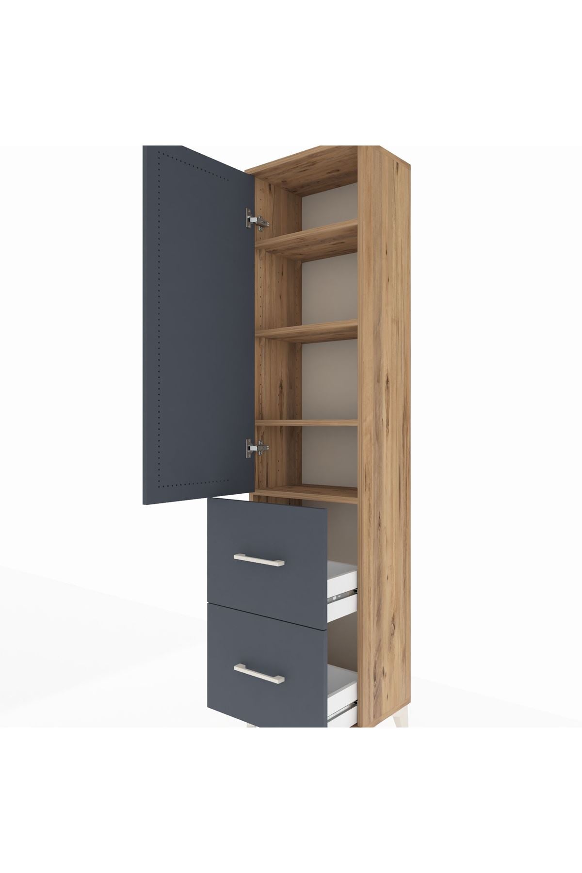 Arges Dolap 4 Raflı 2 Çekmeceli Tek Kapaklı 44x30x182 Çam-Antrasit