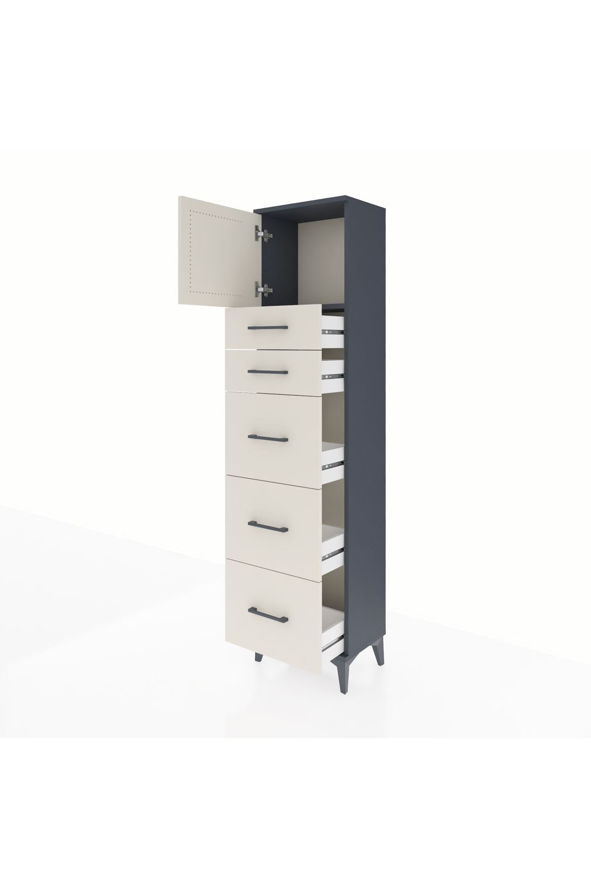 Arges Dolap Tek Raflı 5 Çekmeceli Tek Kapaklı 44x30x182 Antrasit-Aytaşı