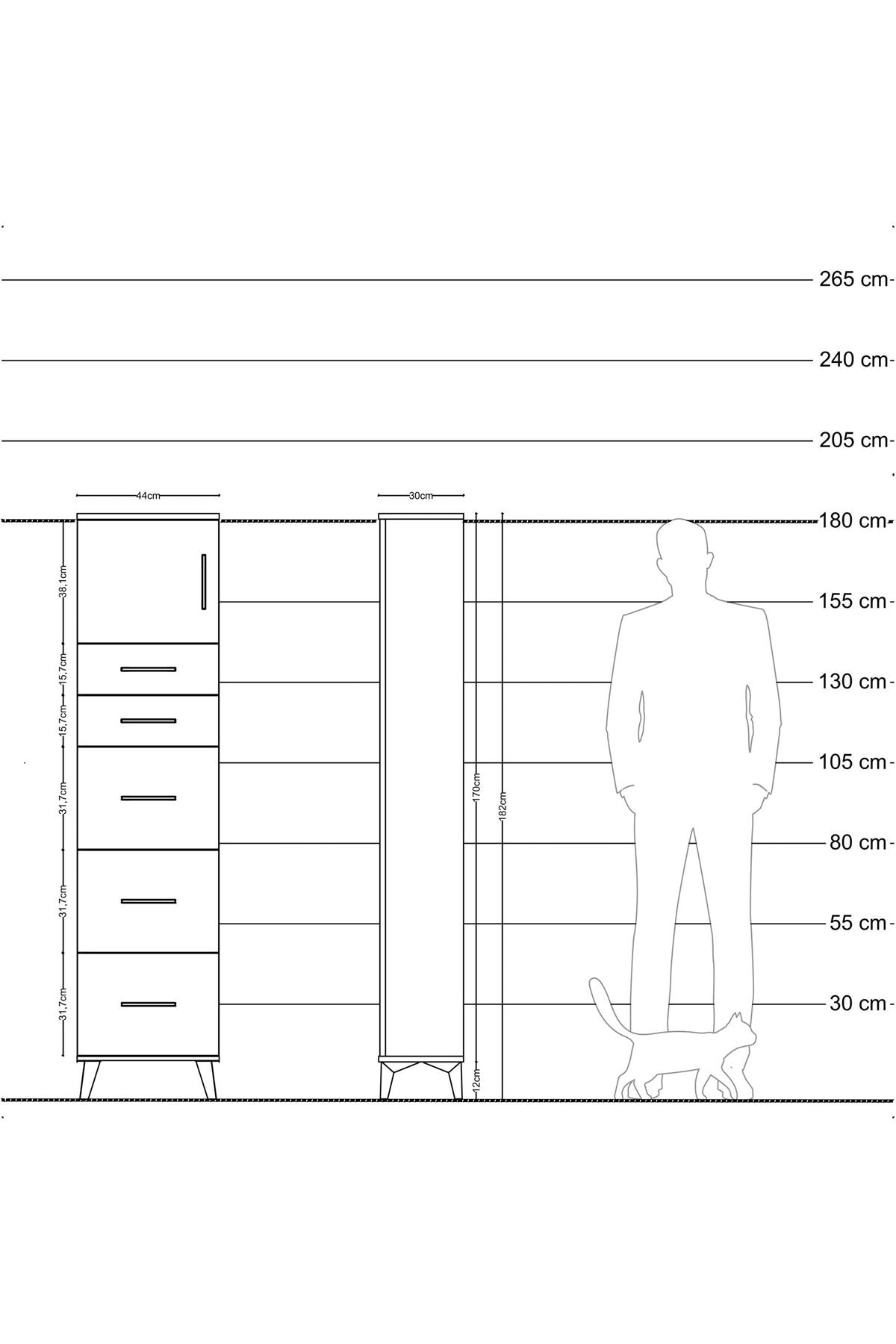 Arges Dolap Tek Raflı 5 Çekmeceli Tek Kapaklı 44x30x182 Antrasit-Aytaşı