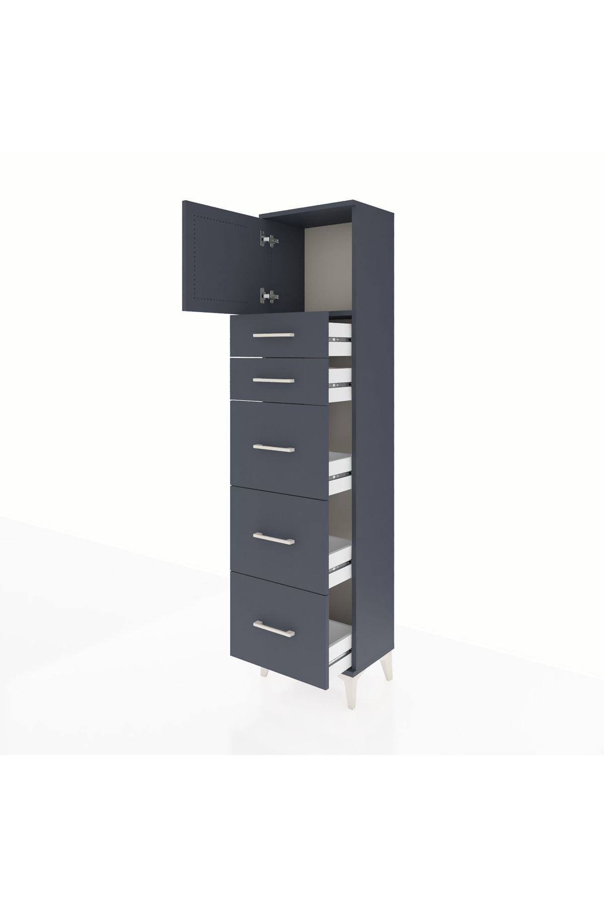 Arges Dolap Tek Raflı 5 Çekmeceli Tek Kapaklı 44x30x182 Antrasit-Antrasit