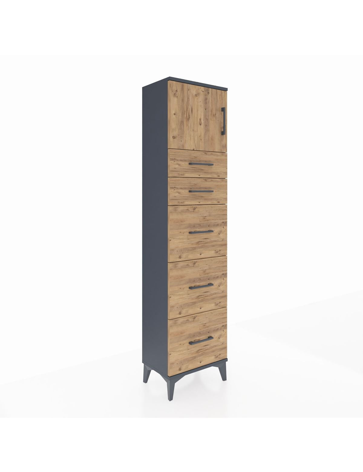 Arges Dolap Tek Raflı 5 Çekmeceli Tek Kapaklı 44x30x182 Antrasit-Çam