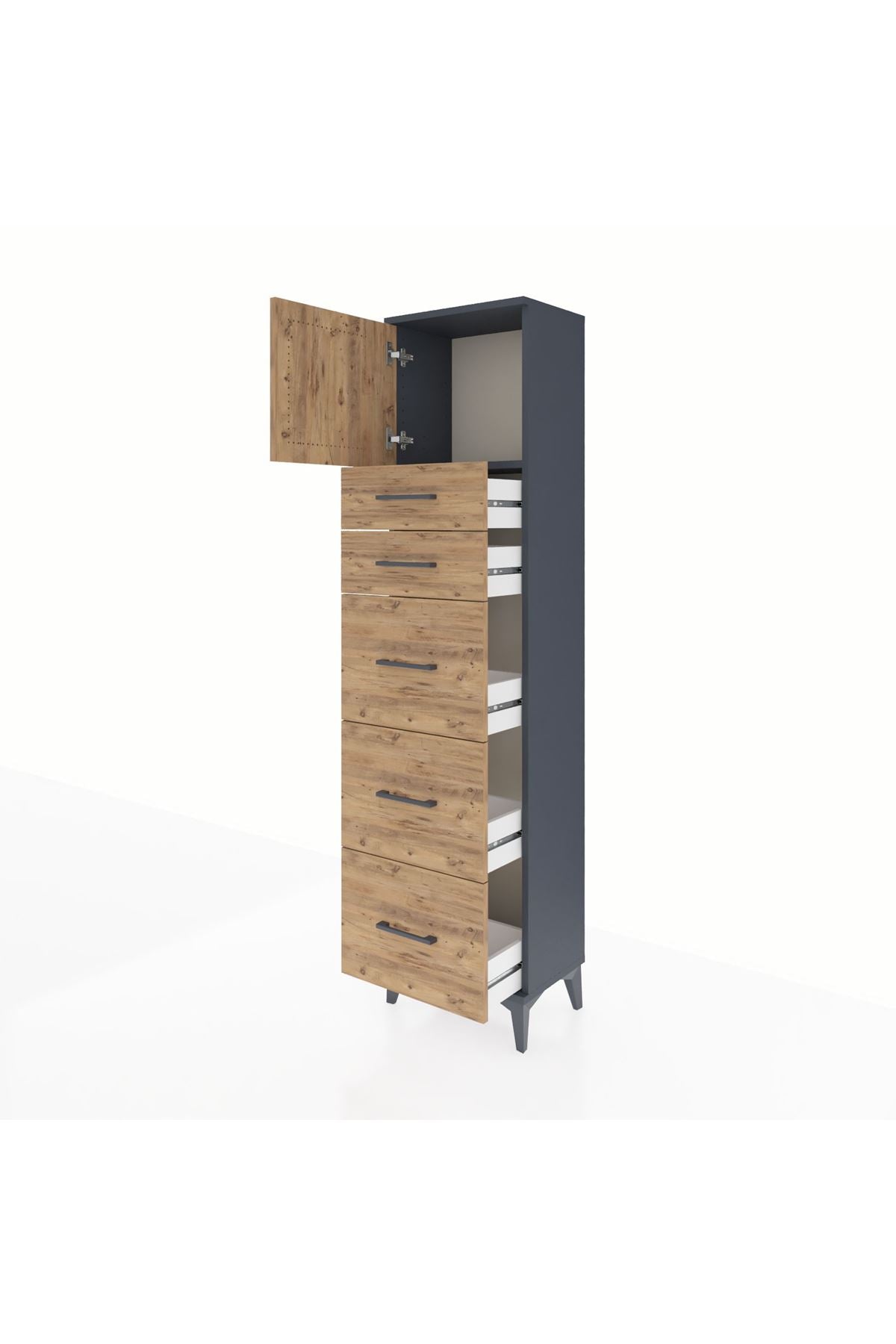 Arges Dolap Tek Raflı 5 Çekmeceli Tek Kapaklı 44x30x182 Antrasit-Çam