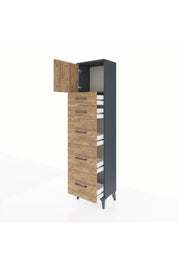 Arges Dolap Tek Raflı 5 Çekmeceli Tek Kapaklı 44x30x182 Antrasit-Çam