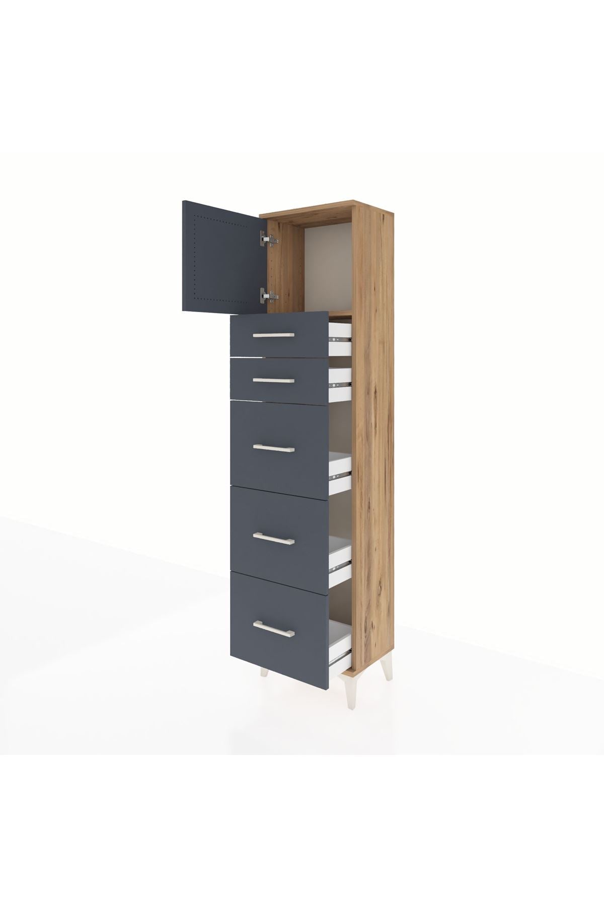 Arges Dolap Tek Raflı 5 Çekmeceli Tek Kapaklı 44x30x182 Çam-Antrasit