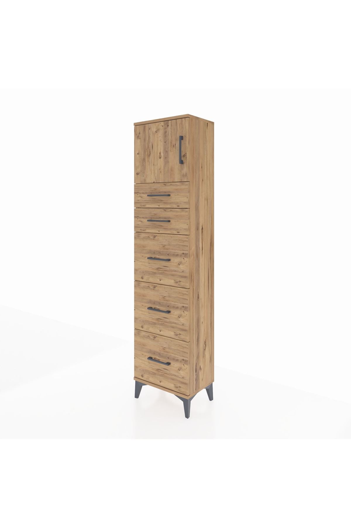 Arges Dolap Tek Raflı 5 Çekmeceli Tek Kapaklı 44x30x182 Çam-Çam