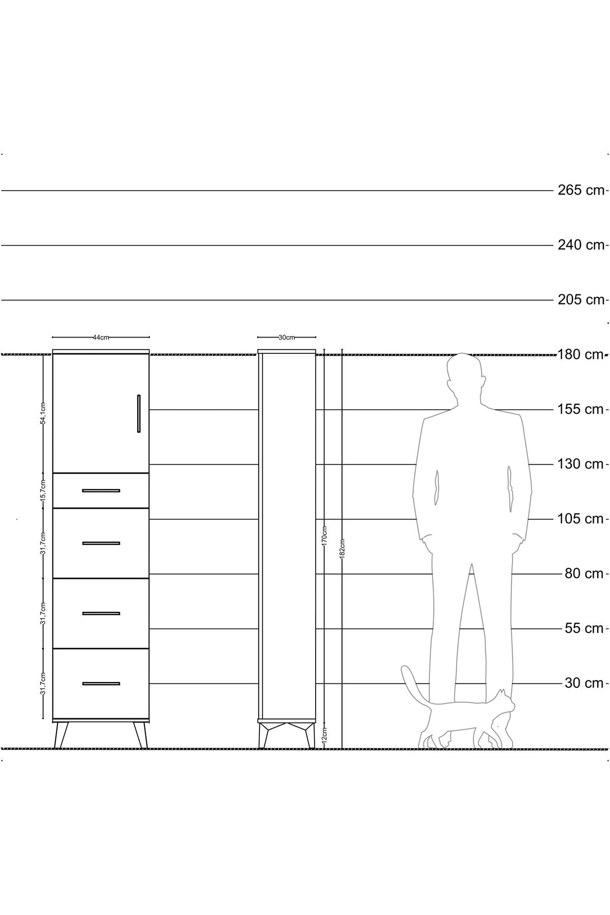 Arges Dolap 2 Raflı 4 Çekmeceli Tek Kapaklı 44x30x182 Antrasit-Çam